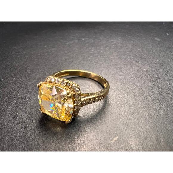 Yellow CZ halo ring in gold over sterling silver size 9 - Picture 3 of 16